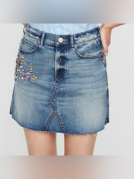Express Dresses & Skirts - Express Embellished Light Blue Denim Mini Skirt with rhinestones